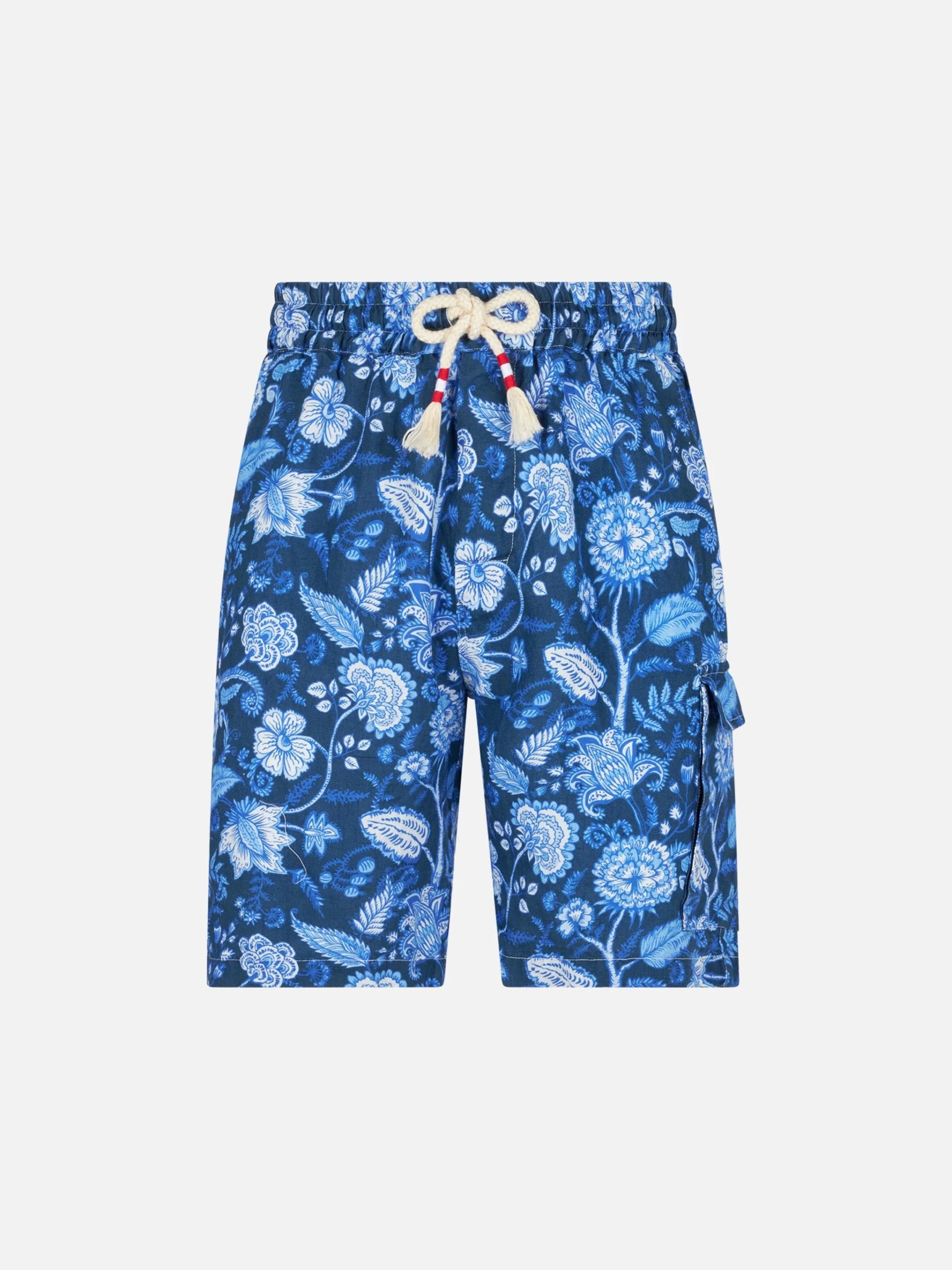 MC2 Saint Barth Man Linen Blue Bermuda Shorts With Flower Print - Image 4
