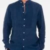 Blue Denim Linen Man Shirt Korean Collar