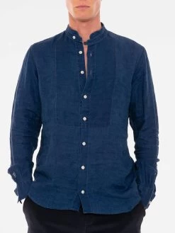 Blue Denim Linen Man Shirt Korean Collar