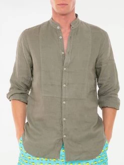 Military Green Linen Shirt With Korean Collar
