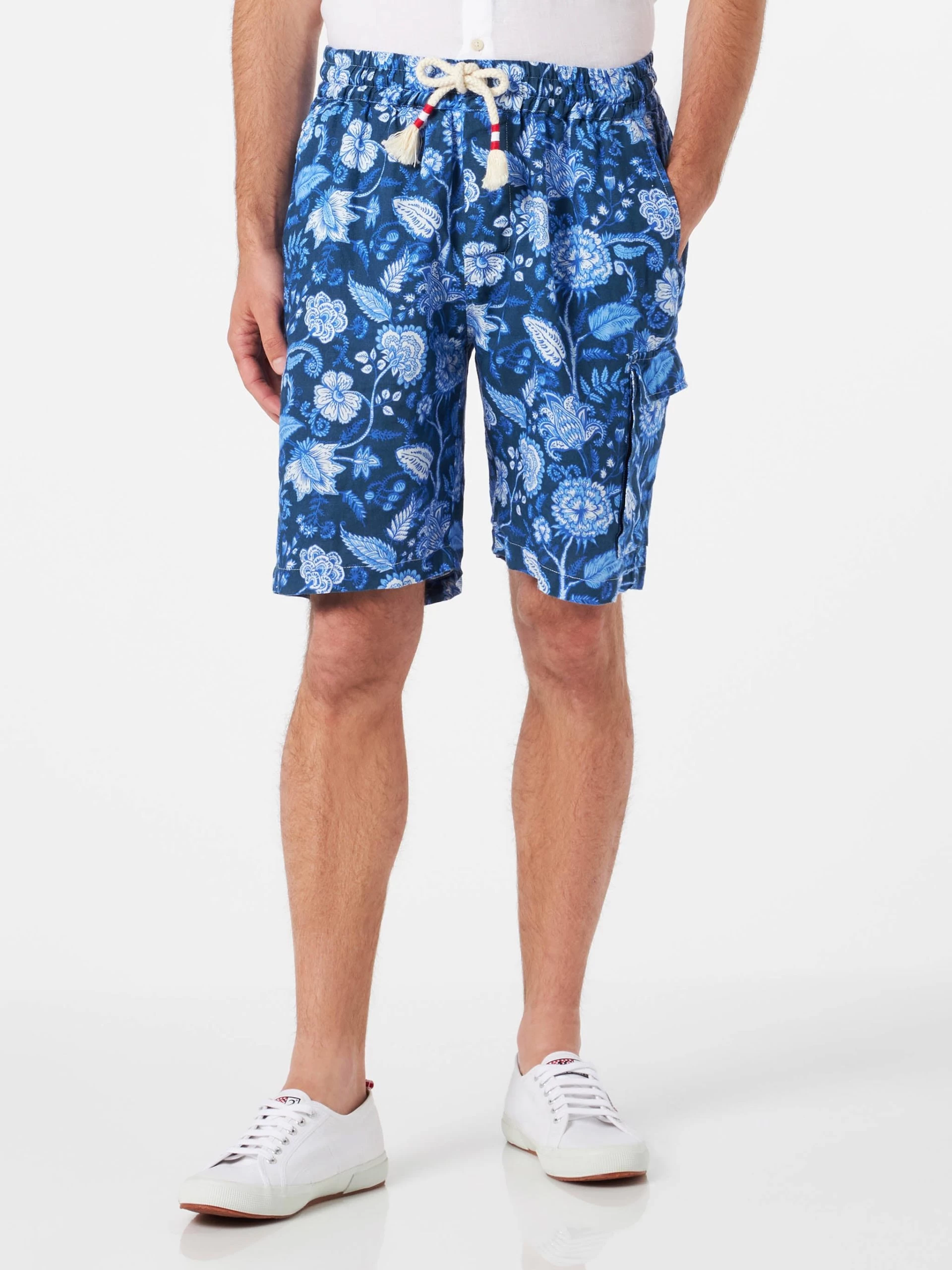 MC2 Saint Barth Man Linen Blue Bermuda Shorts With Flower Print