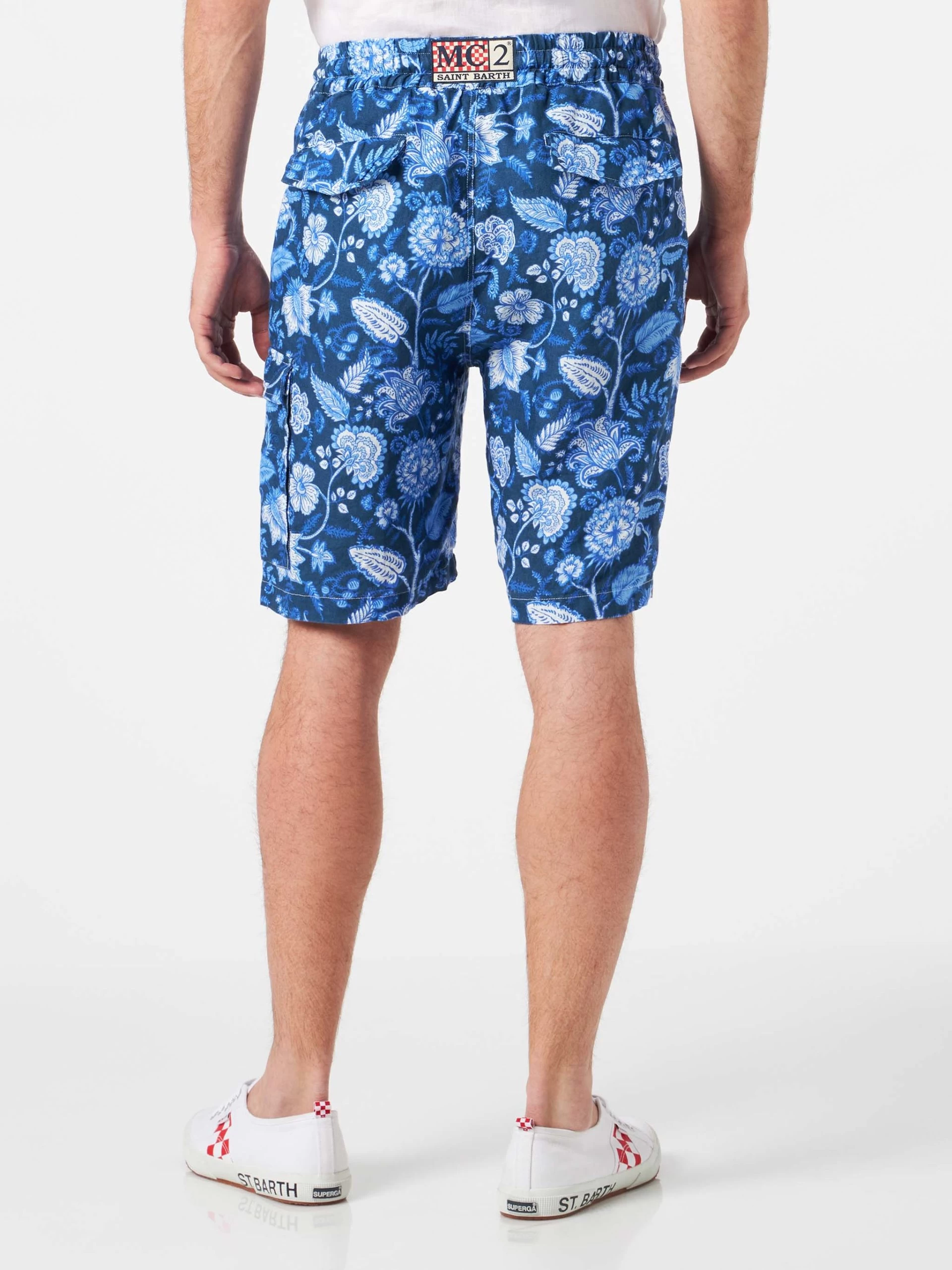 MC2 Saint Barth Man Linen Blue Bermuda Shorts With Flower Print - Image 2