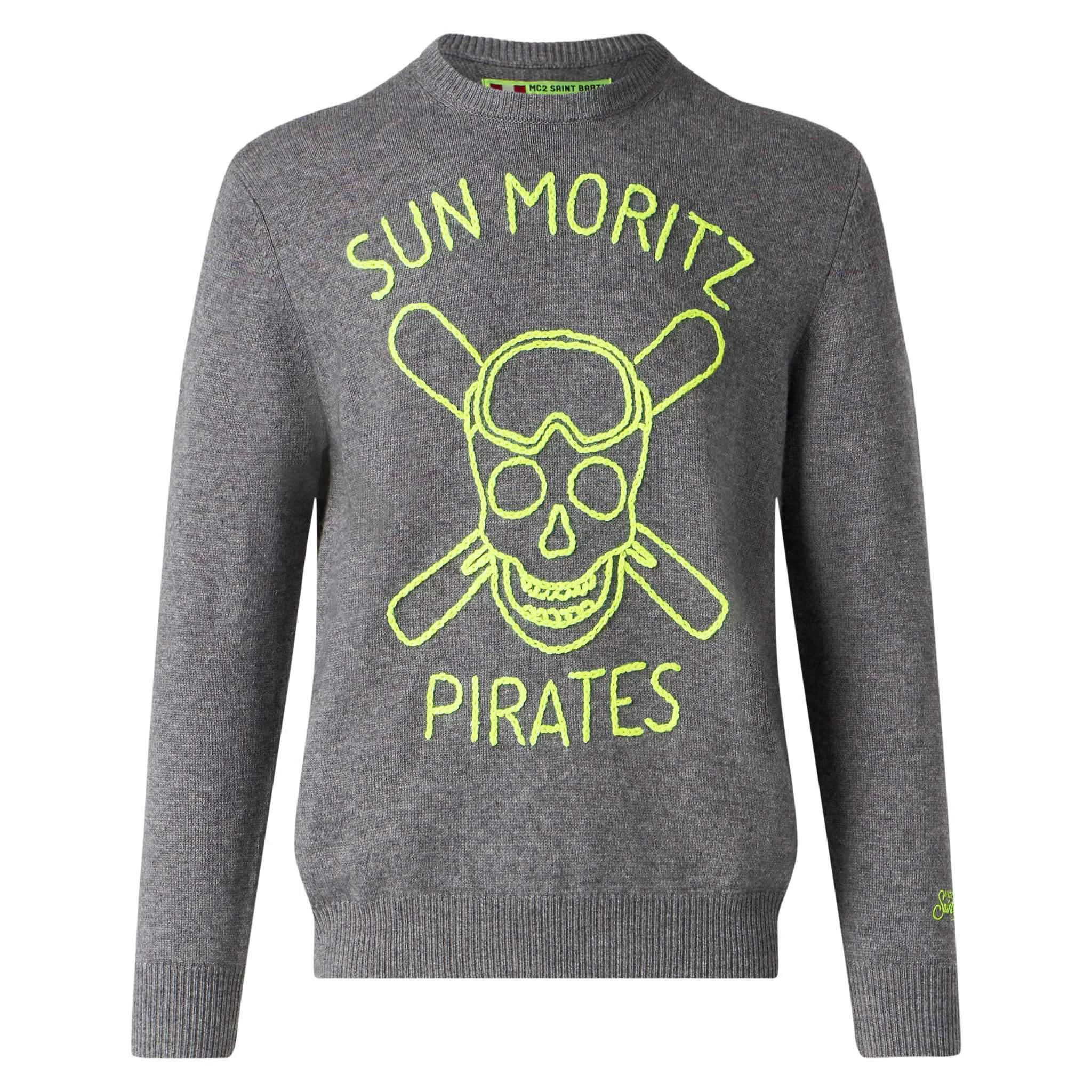Man Grey Sweater Sun Moritz Pirates Fluo Embroidery - Image 4