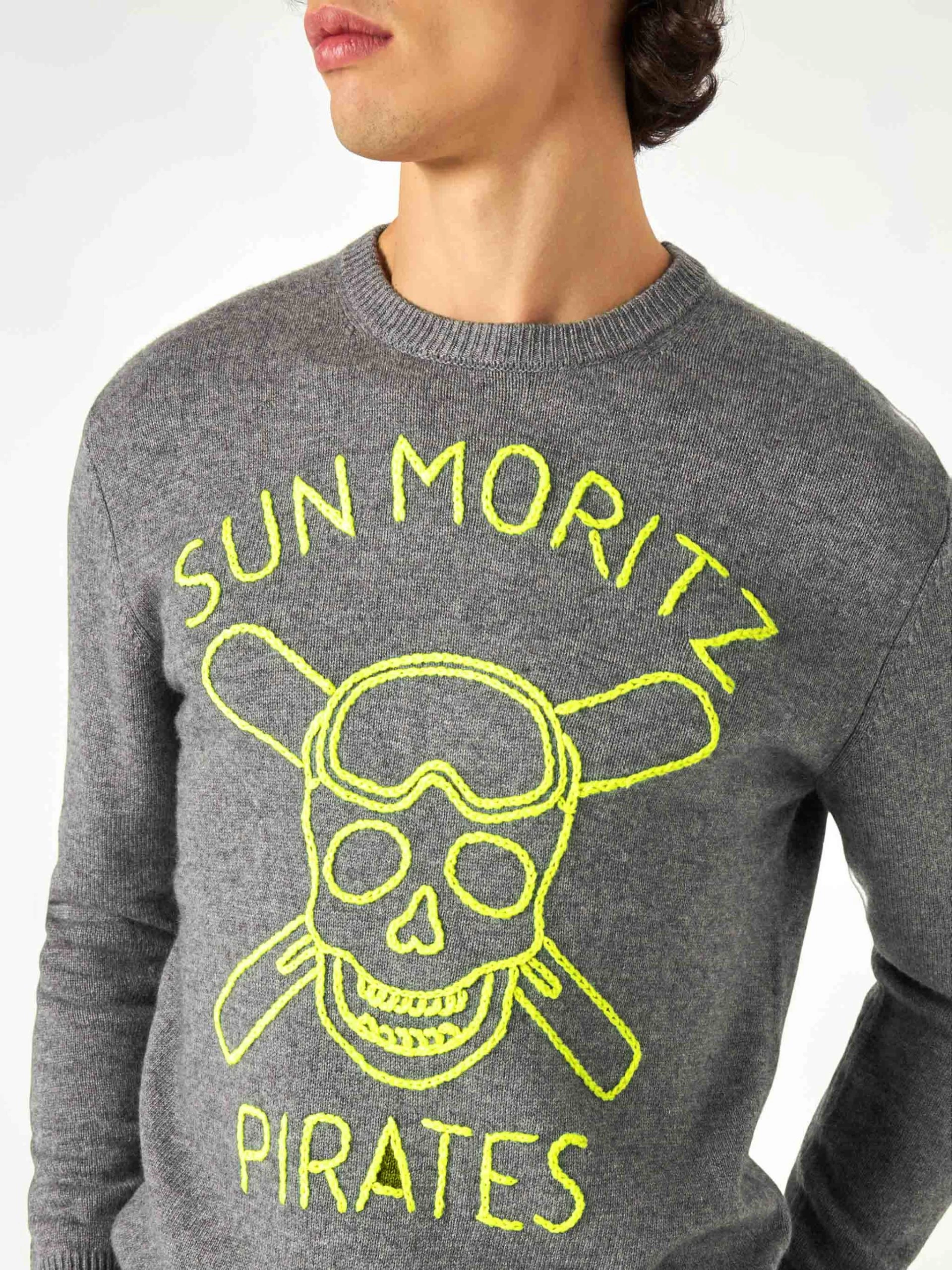 Man Grey Sweater Sun Moritz Pirates Fluo Embroidery - Image 2