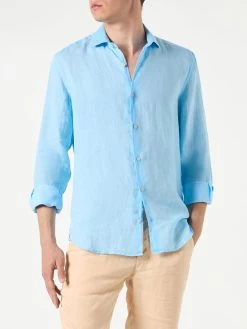 MC2 Saint Barth Man Water Color Light Blue Linen Pamplona Shirt