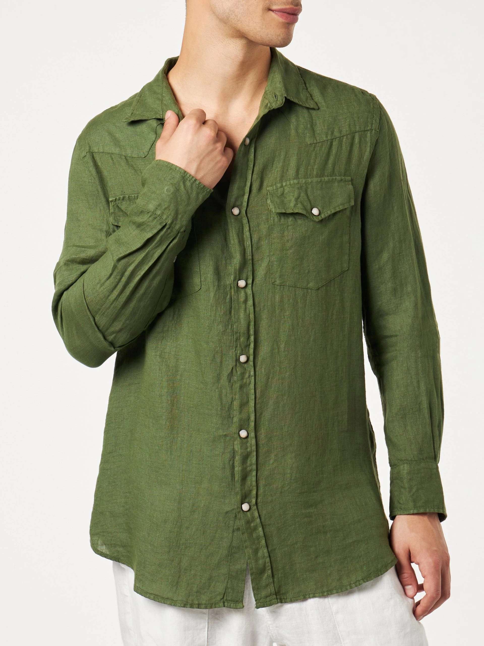 MC2 Saint Barth Man Military Green Linen Shirt