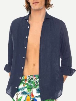 Man Blue Navy Linen Pamplona Shirt