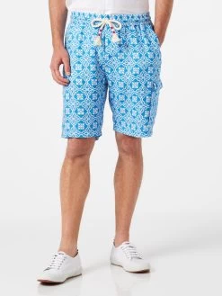 MC2 Saint Barth Man Linen Bermuda Shorts With White And Light Blue Majolica Print