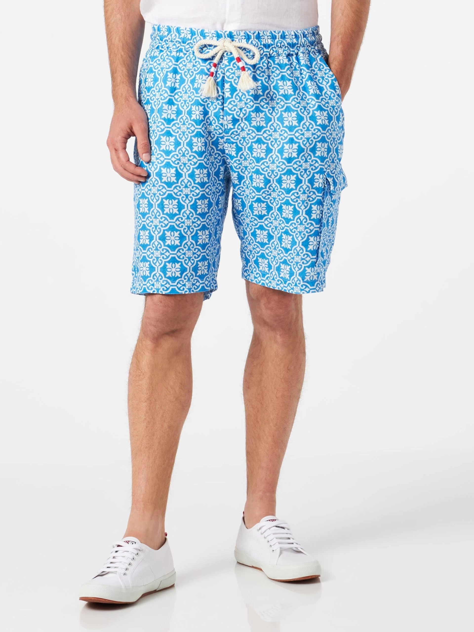 MC2 Saint Barth Man Linen Bermuda Shorts With White And Light Blue Majolica Print