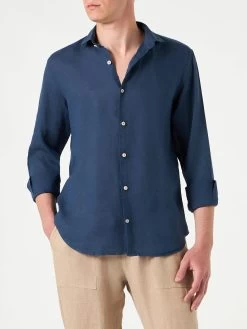 MC2 Saint Barth Man Blue Navy Linen Pamplona Shirt