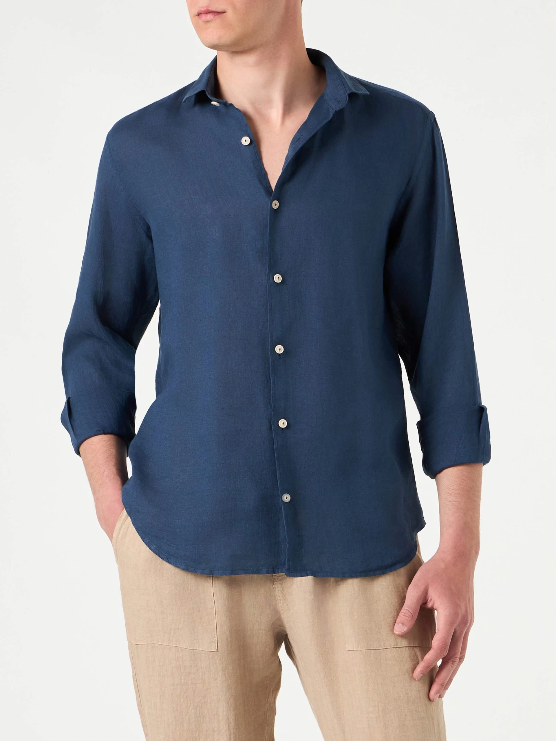 MC2 Saint Barth Man Blue Navy Linen Pamplona Shirt