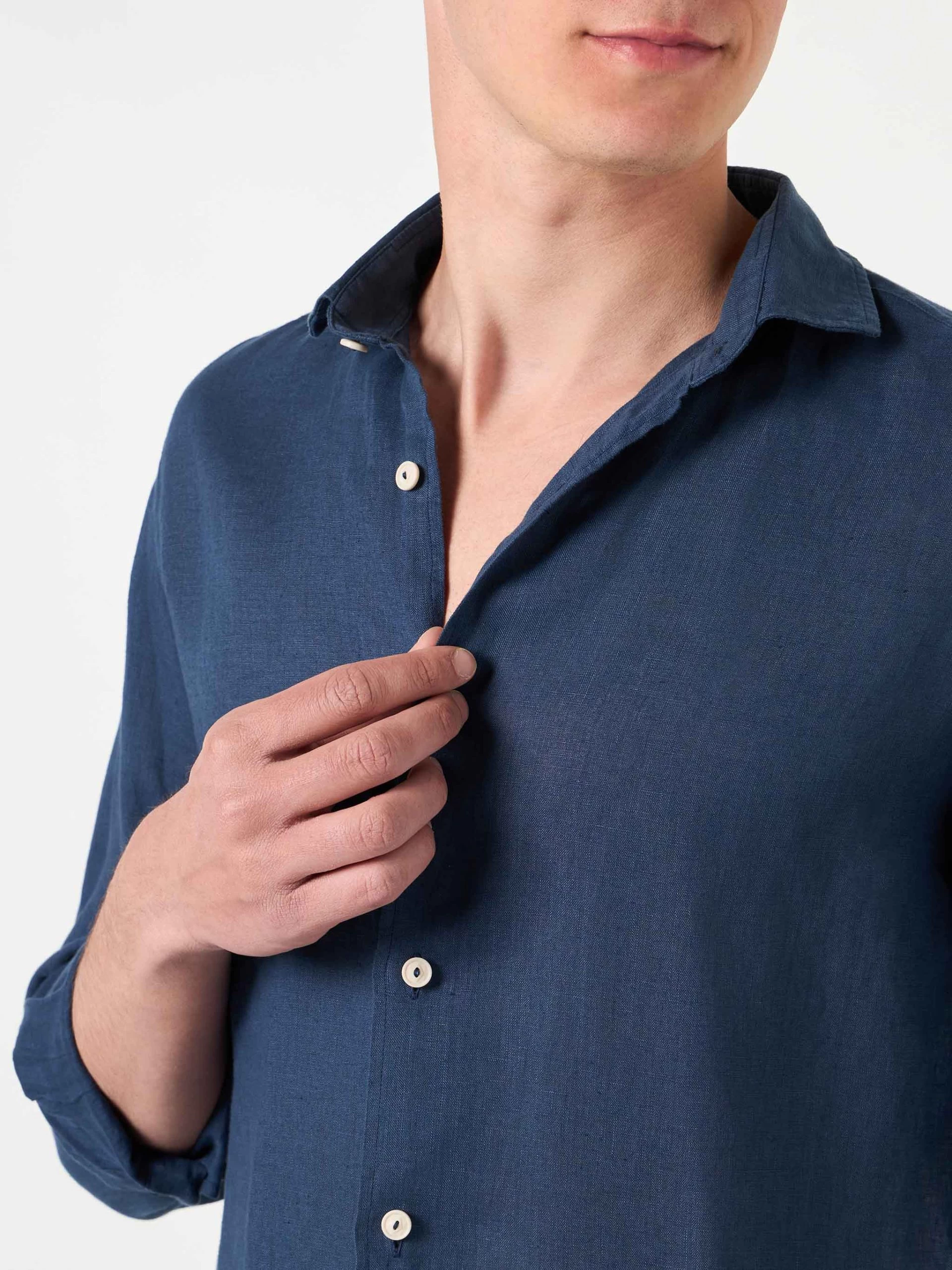 MC2 Saint Barth Man Blue Navy Linen Pamplona Shirt - Image 2