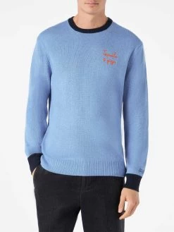 MC2 Saint Barth Man Light Blue Sweater With Embroidery