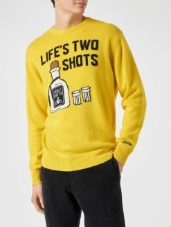 MC2 Saint Barth Man Yellow Sweater With "Life's Two Shots" Lettering