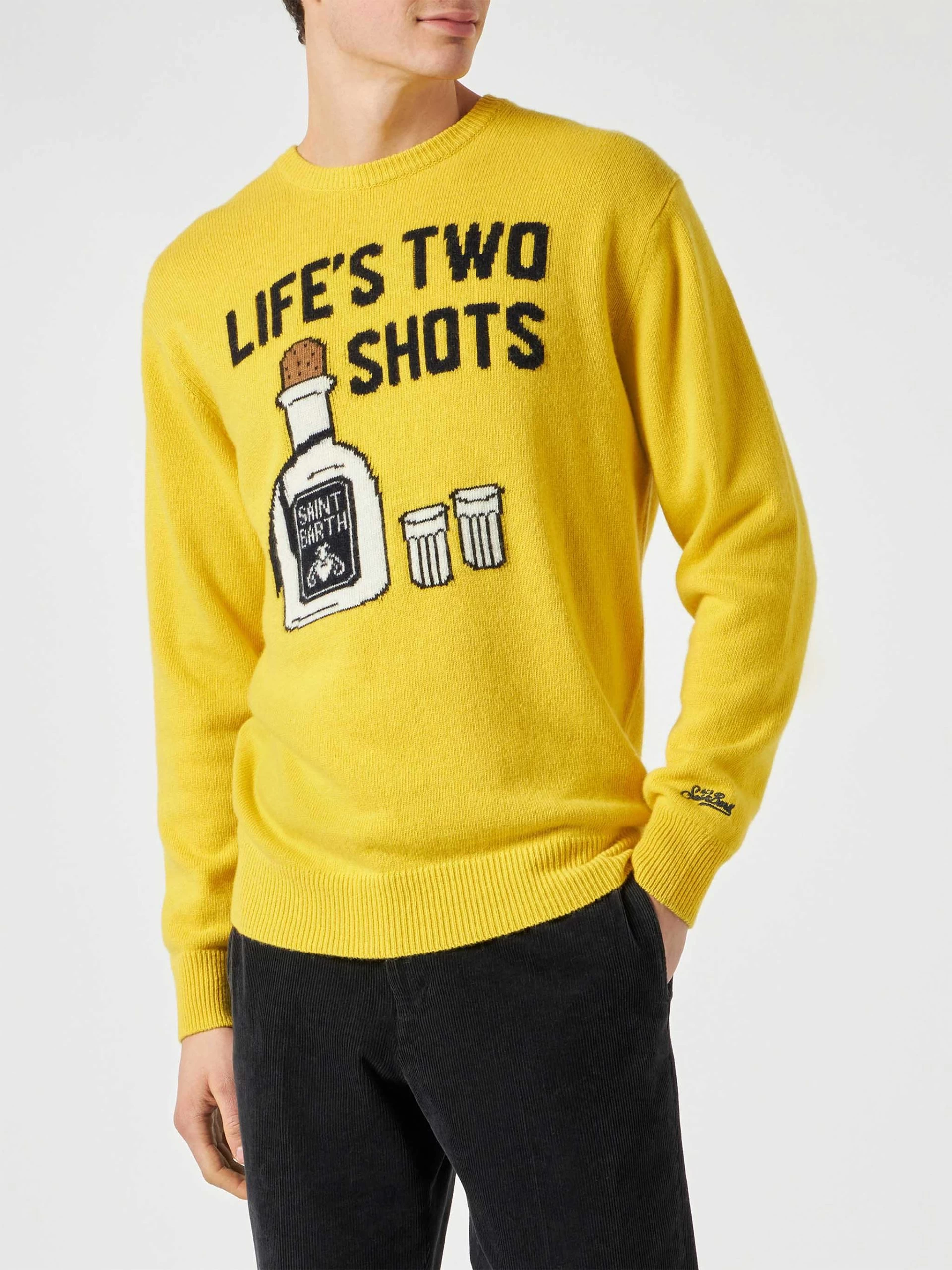 MC2 Saint Barth Man Yellow Sweater With "Life's Two Shots" Lettering