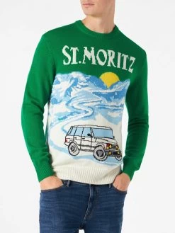MC2 Saint Barth Man Green Sweater With St.Moritz Postcard Print