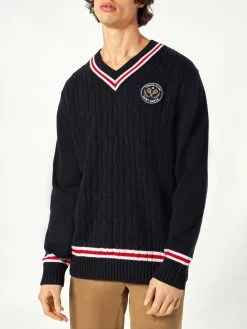 Braided Blue Navy Man Sweater V Neck