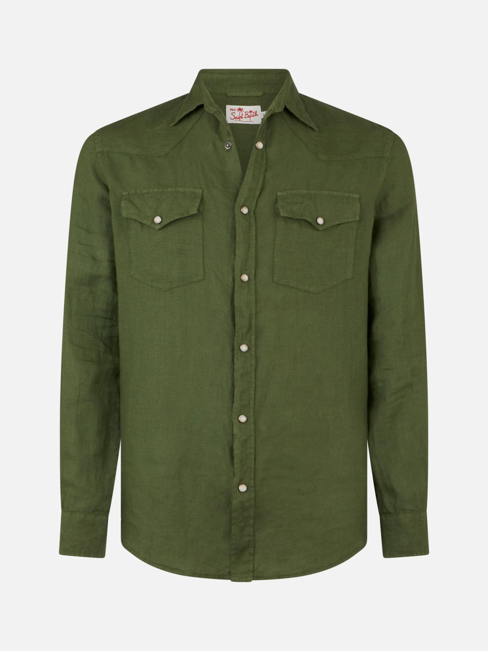 MC2 Saint Barth Man Military Green Linen Shirt - Image 4