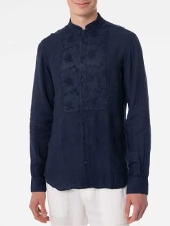 Man Blue Linen Shirt With Flower Embroidery