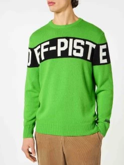MC2 Saint Barth Man Fluo Green Sweater With Off-Piste Lettering