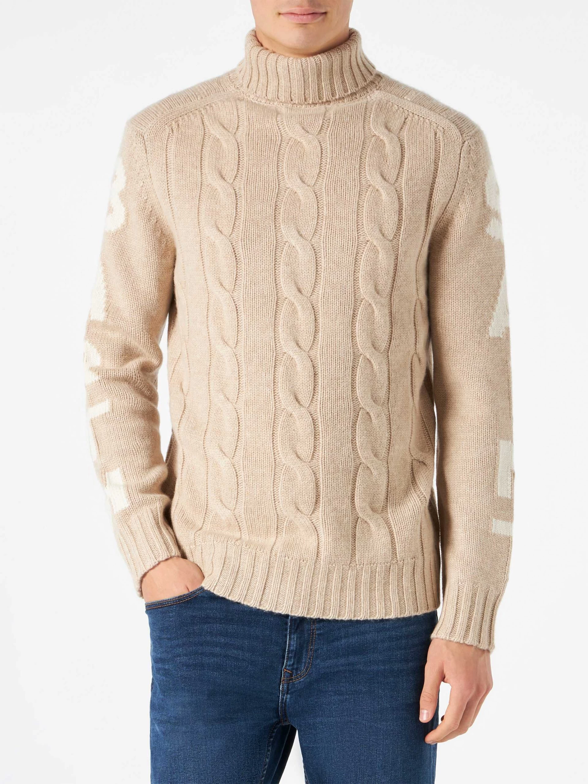 MC2 Saint Barth Man Turtleneck Braided Sweater With Saint Barth Print