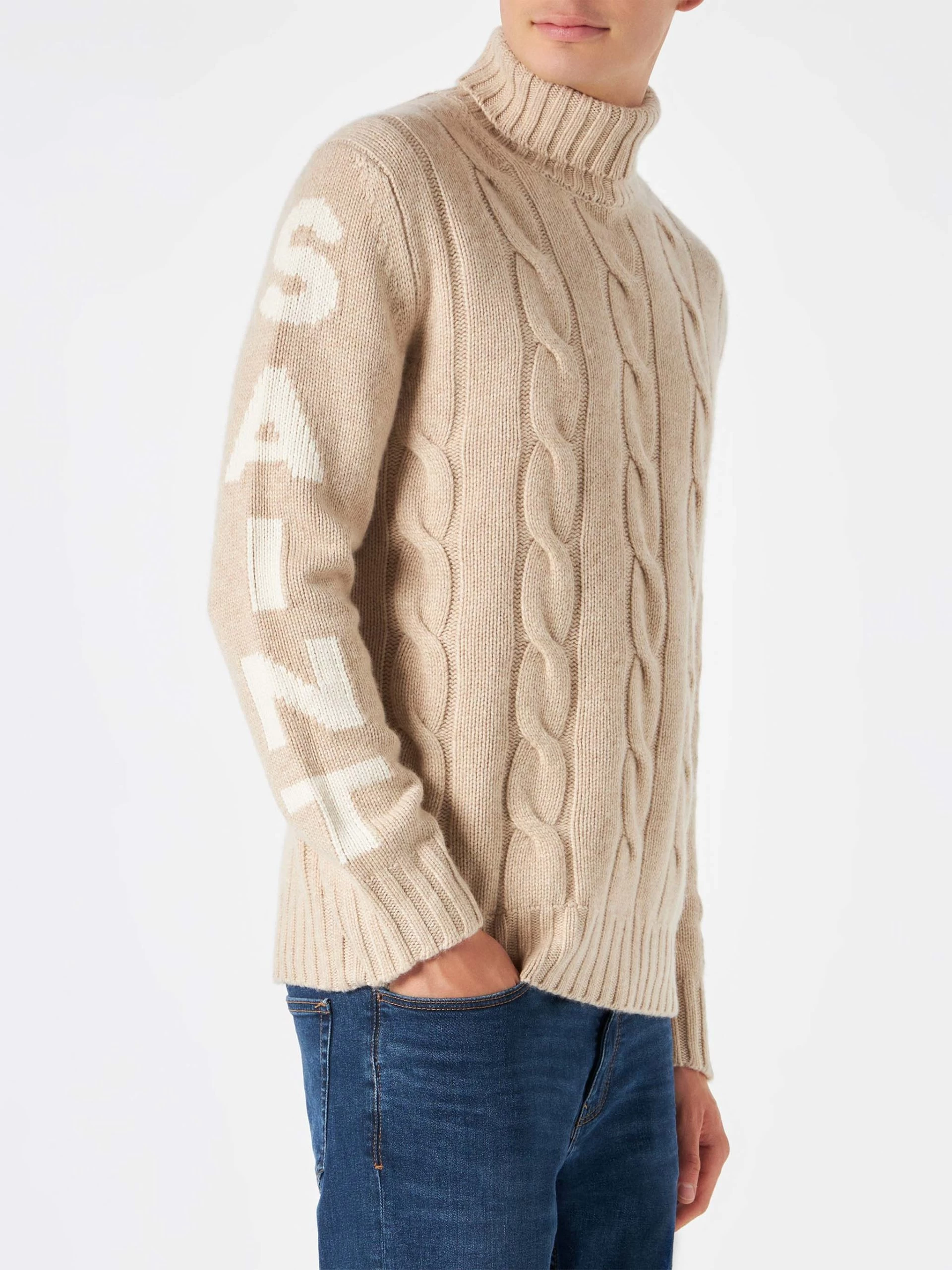 MC2 Saint Barth Man Turtleneck Braided Sweater With Saint Barth Print - Image 2