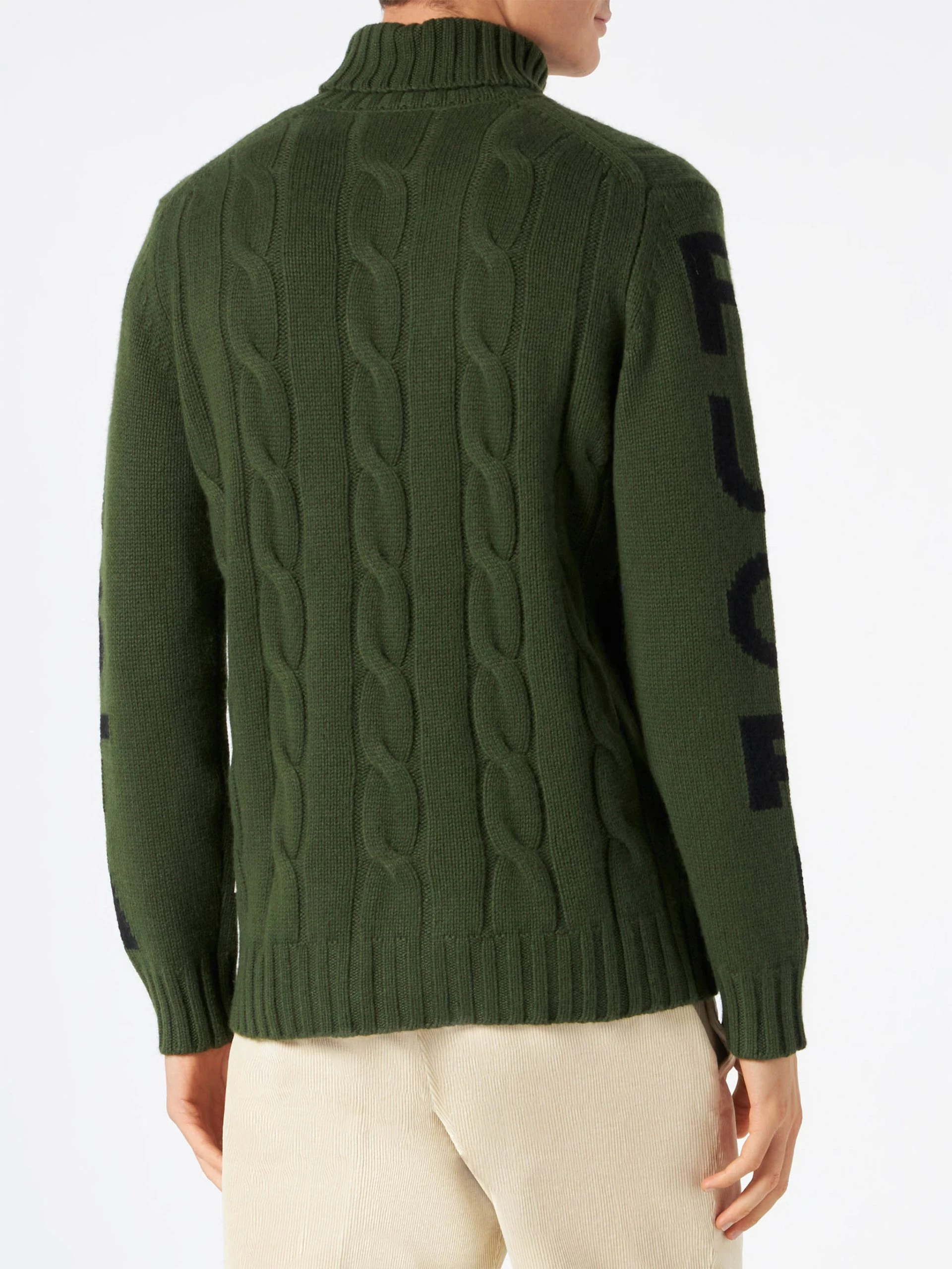 MC2 Saint Barth Man Turtleneck Braided Sweater With Fuori Pista Print - Image 3