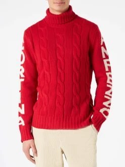 MC2 Saint Barth Man Turtleneck Braided Sweater With Cortina Ampezzo Print
