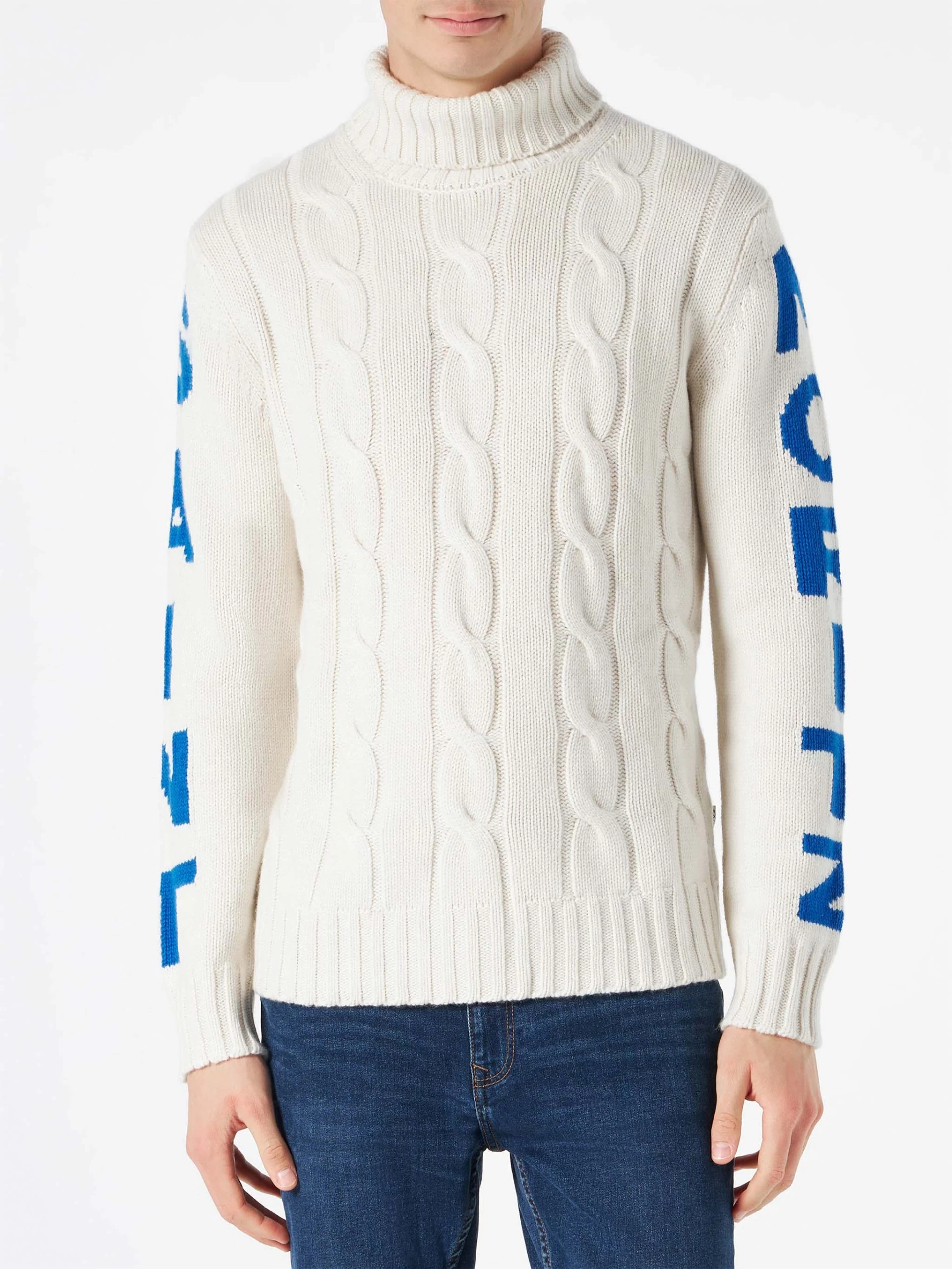 MC2 Saint Barth Man Turtleneck Braided Sweater With Saint Moritz Print