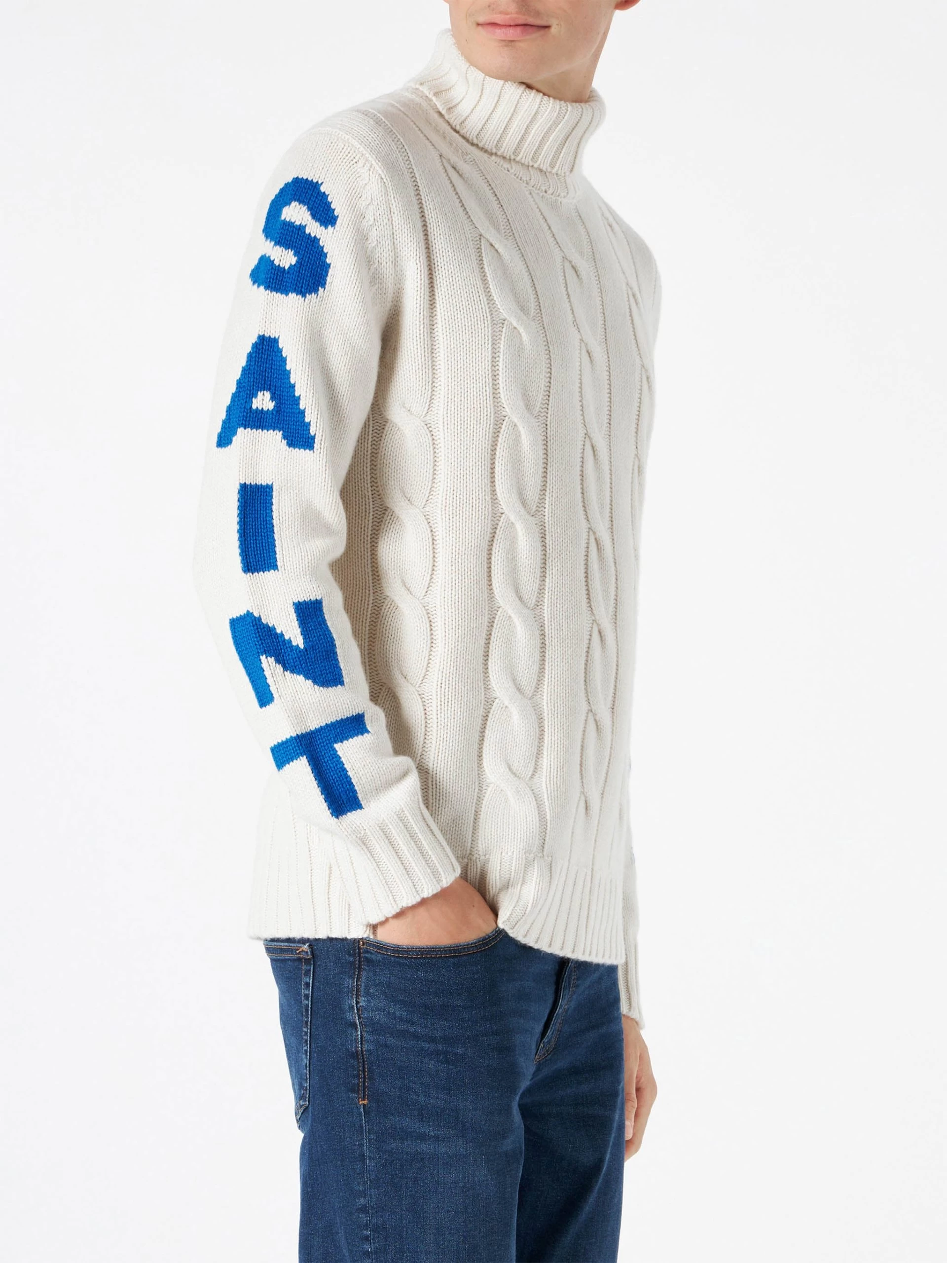 MC2 Saint Barth Man Turtleneck Braided Sweater With Saint Moritz Print - Image 2